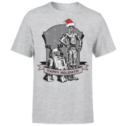 Star Wars Christmas Happy Holidays Droids Grey T-Shirt