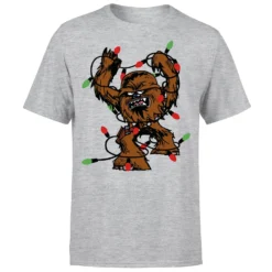 Star Wars Christmas Chewbacca Tangled Fairy Lights Grey T-Shirt -Cheap Christmas Franchises Store 11602353 1074626648204333