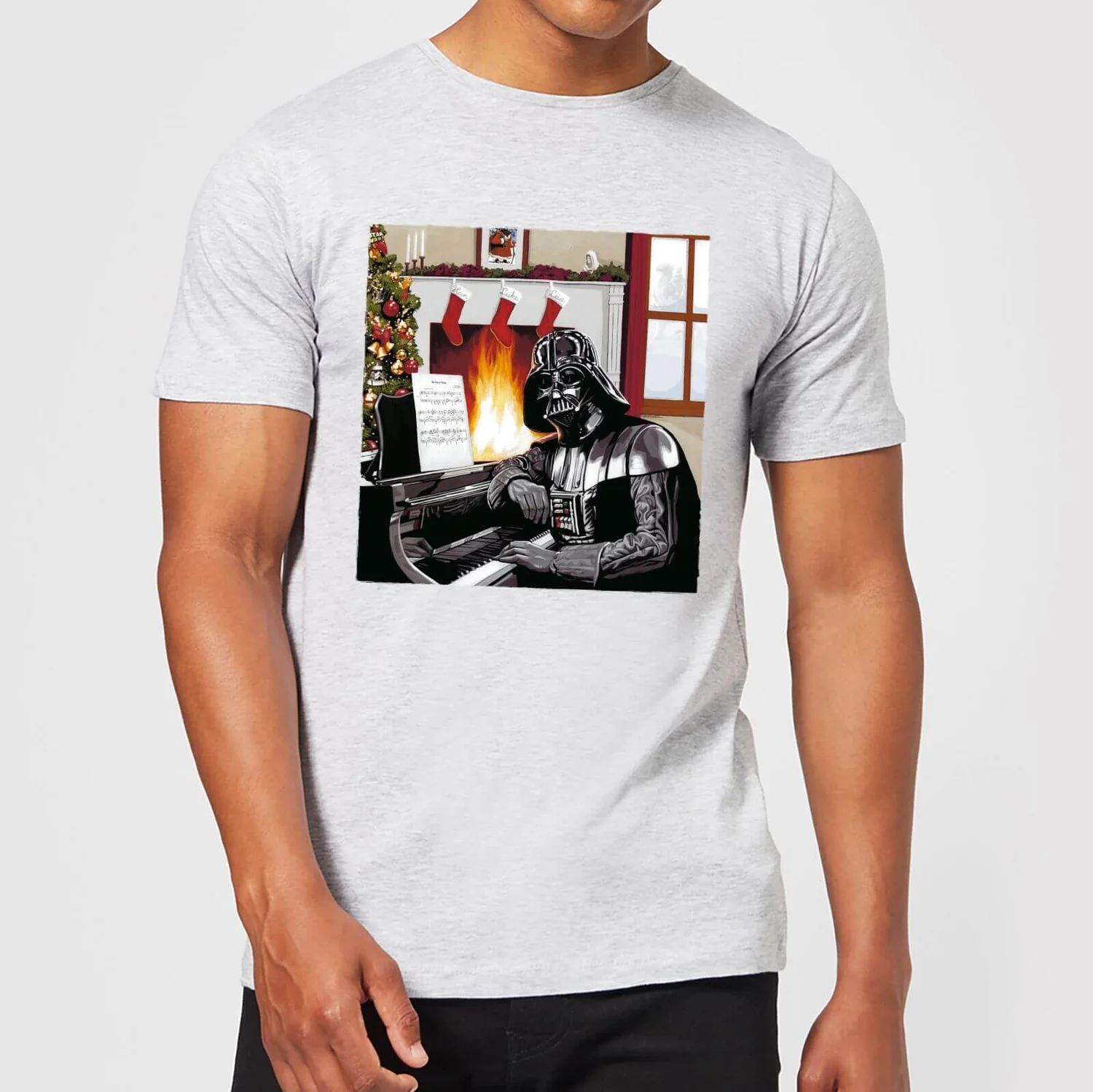 Star Wars Christmas Darth Vader Piano Player Grey T-Shirt 4 Star Wars Christmas Darth Vader Piano Player Grey T-Shirt - Image 2
