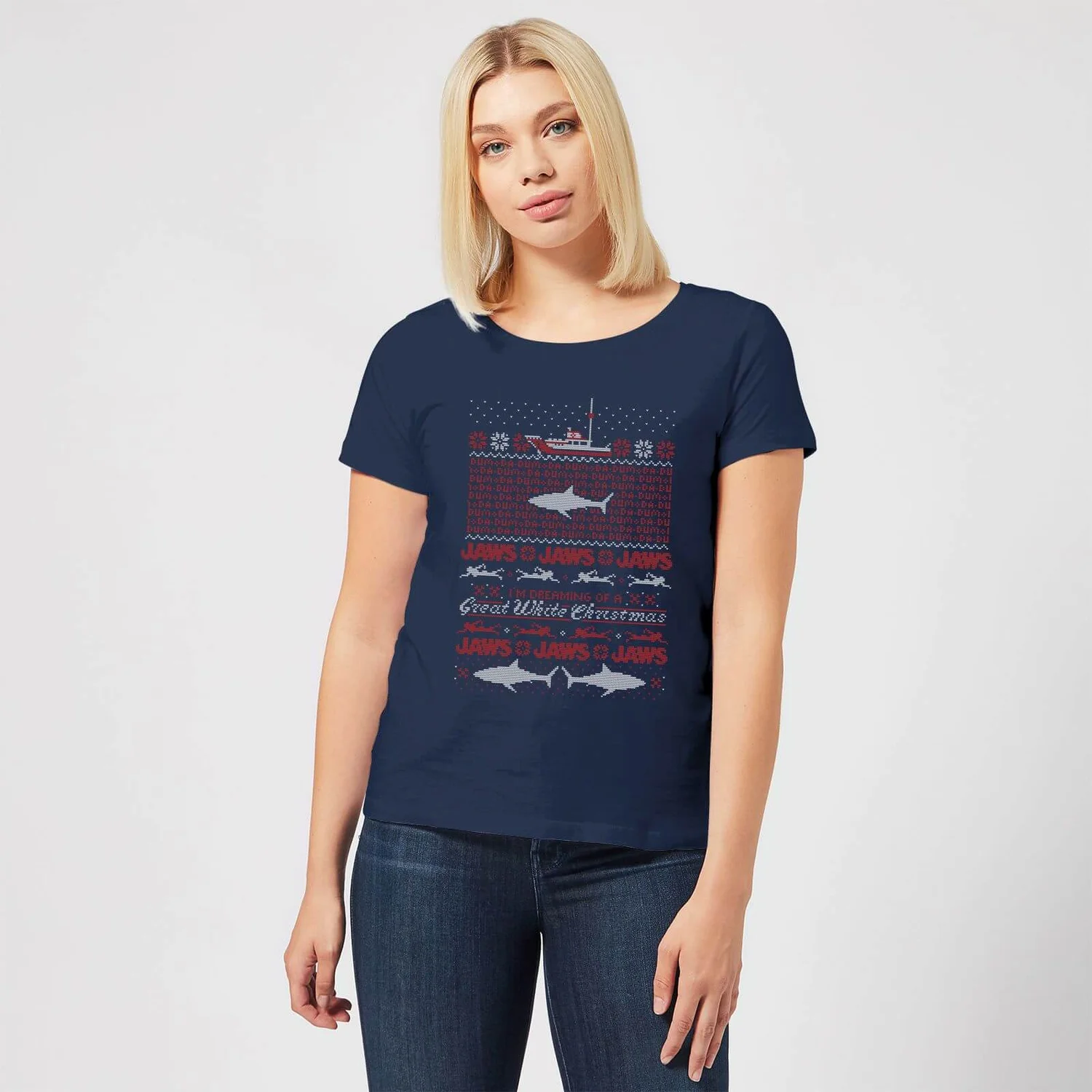 Jaws Great White Christmas Women's T-Shirt - Navy 5 Jaws Great White Christmas Women's T-Shirt - Navy - Image 3