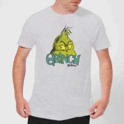 Dr. Seuss The Grinch Face Men's Christmas T-Shirt - Grey