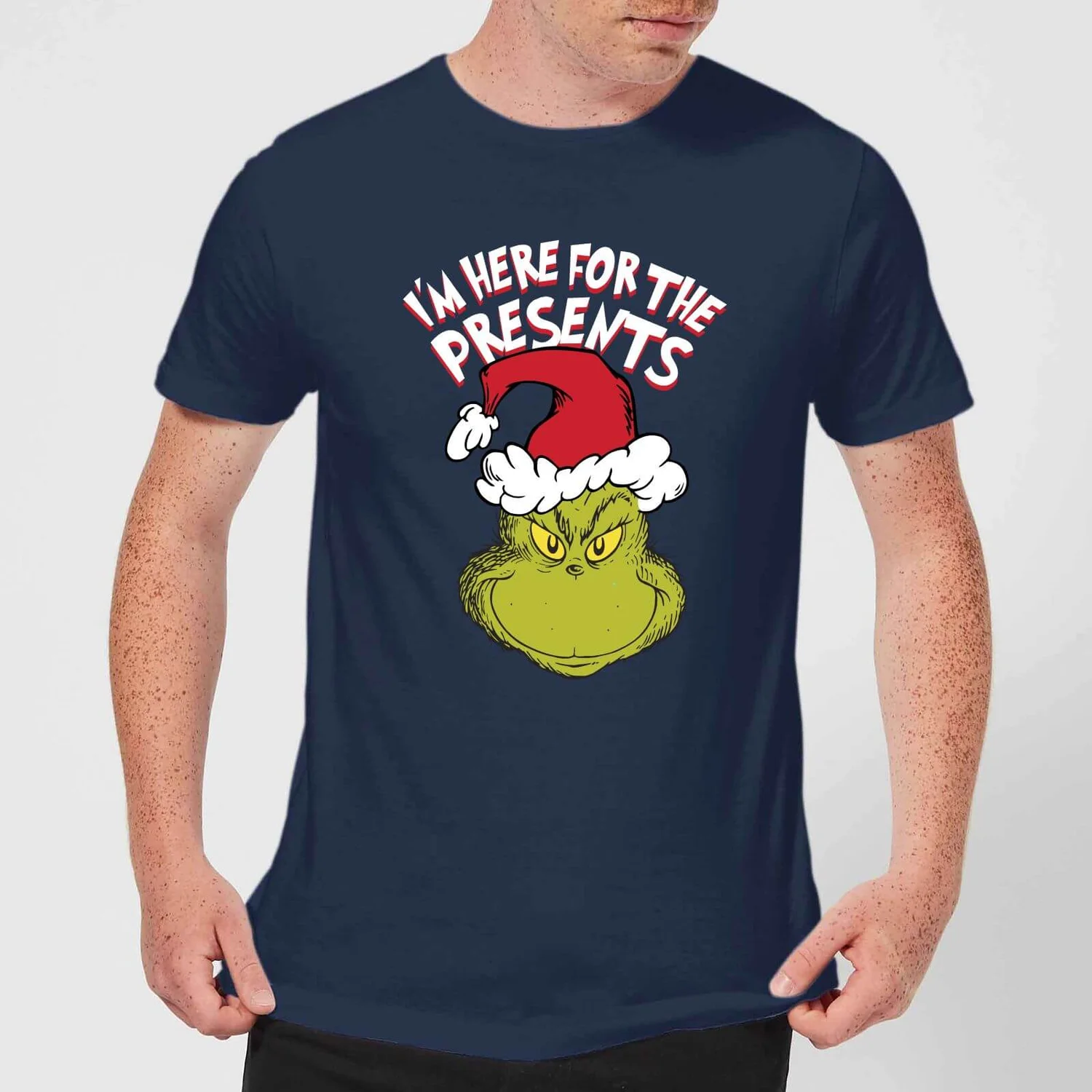 Dr. Seuss The Grinch Im Here For The Presents Men's Christmas T-Shirt - Navy 3 Dr. Seuss The Grinch Im Here For The Presents Men's Christmas T-Shirt - Navy