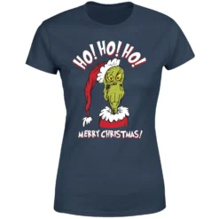 Dr. Seuss The Grinch Ho Ho Ho Women's Christmas T-Shirt - Navy -Cheap Christmas Franchises Store 11920395 4684624783544511