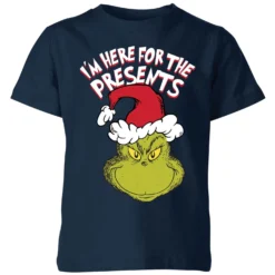 Dr. Seuss The Grinch Im Here For The Presents Kids Christmas T-Shirt - Navy