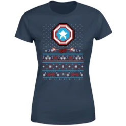 Marvel Avengers Captain America Pixel Art Women's Christmas T-Shirt - Navy -Cheap Christmas Franchises Store 11923962 8804624498495968