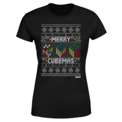 Rubiks Merry Cubemas Women's Christmas T-Shirt - Black -Cheap Christmas Franchises Store 11926968 1624624727738928