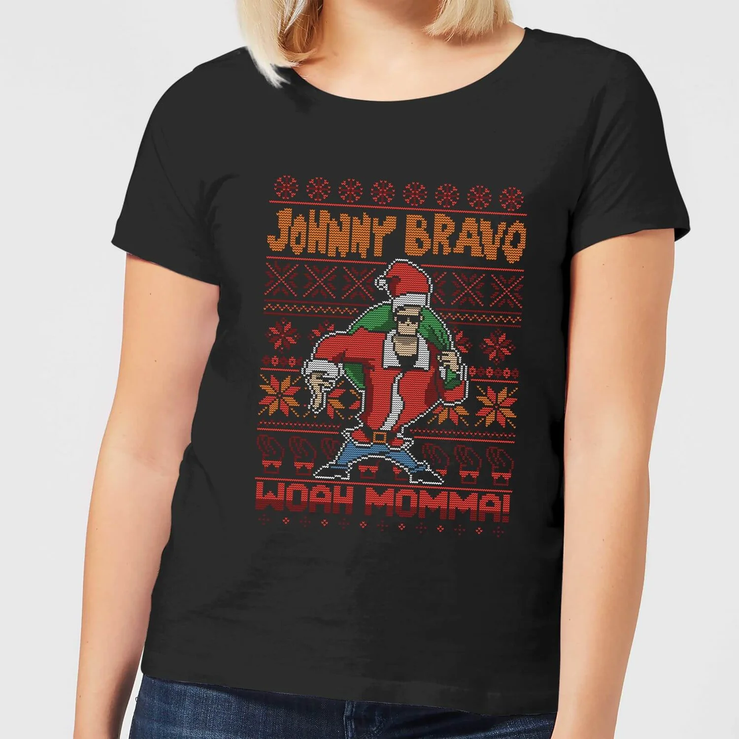 Cartoon Network Johnny Bravo Johnny Bravo Pattern Women's Christmas T-Shirt - Black 3 Cartoon Network Johnny Bravo Johnny Bravo Pattern Women's Christmas T-Shirt - Black