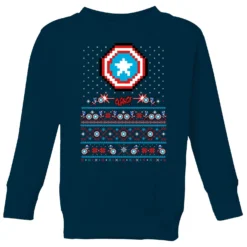 Marvel Avengers Captain America Pixel Art Kids Christmas Jumper - Navy