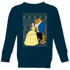Disney Classic Beauty And The Beast Pattern Kids Christmas Jumper - Navy