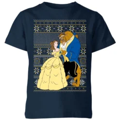 Disney Classic Beauty And The Beast Pattern Kids Christmas T-Shirt - Navy