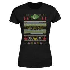 Star Wars May The Force Be With You Pattern Women's Christmas T-Shirt - Black -Cheap Christmas Franchises Store 11929695 1744624299060369