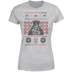 Star Wars Darth Vader Face Knit Women's Christmas T-Shirt - Grey -Cheap Christmas Franchises Store 11963529 1024627058930739