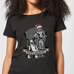 Star Wars Happy Holidays Droids Women's Christmas T-Shirt - Black