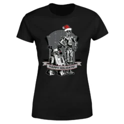Star Wars Happy Holidays Droids Women's Christmas T-Shirt - Black -Cheap Christmas Franchises Store 11963846 1774627071871293