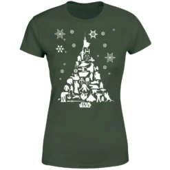 Star Wars Character Christmas Tree Women's Christmas T-Shirt - Forest Green -Cheap Christmas Franchises Store 11964069 2024627059463293