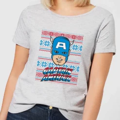 Marvel Captain America Face Women's Christmas T-Shirt - Grey