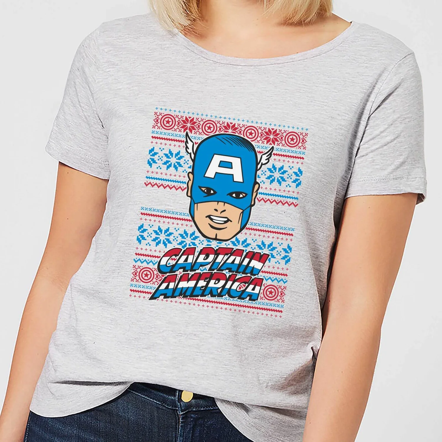 Marvel Captain America Face Women's Christmas T-Shirt - Grey 3 Marvel Captain America Face Women's Christmas T-Shirt - Grey