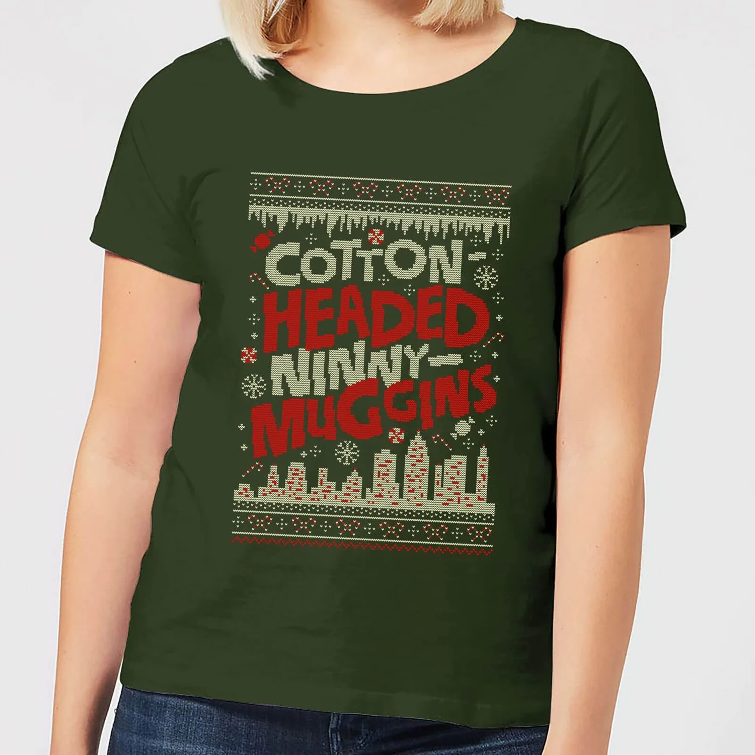 Elf Cotton-Headed-Ninny-Muggins Knit Women's Christmas T-Shirt - Forest Green 3 Elf Cotton-Headed-Ninny-Muggins Knit Women's Christmas T-Shirt - Forest Green