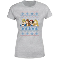 Disney Princess Faces Women's Christmas T-Shirt - Grey -Cheap Christmas Franchises Store 11964326 3474627072230429
