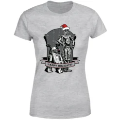 Star Wars Happy Holidays Droids Women's Christmas T-Shirt - Grey -Cheap Christmas Franchises Store 11964390 1324627076586900
