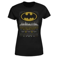 DC COMICS DC Seasons Greetings From Gotham Women's Christmas T-Shirt - Black -Cheap Christmas Franchises Store 11964651 5454627065845619