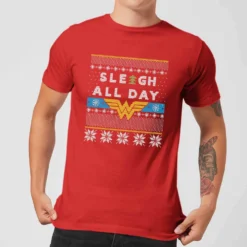 DC COMICS Wonder Woman 'Sleigh All Day Men's Christmas T-Shirt - Red
