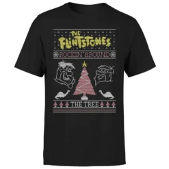 Flintstones Rockin Around The Tree Men's Christmas T-Shirt - Black -Cheap Christmas Franchises Store 12336798 1204714271090109